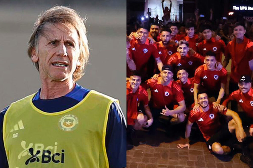 Primer plano de Ricardo Gareca. Jugadores de La Roja posando para una foto.