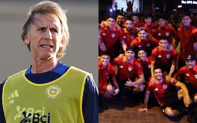 Primer plano de Ricardo Gareca. Jugadores de La Roja posando para una foto.