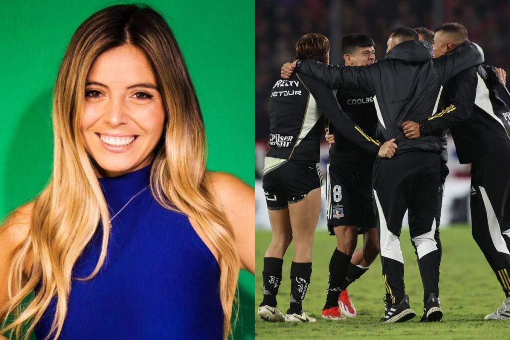 Primer plano de Verónica Bianchi. Plantel de Colo-Colo abrazado celebrando clasificación a octavos de final de Copa Libertadores.