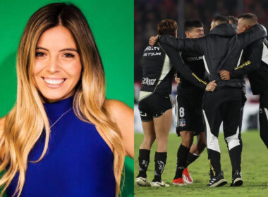 Primer plano de Verónica Bianchi. Plantel de Colo-Colo abrazado celebrando clasificación a octavos de final de Copa Libertadores.