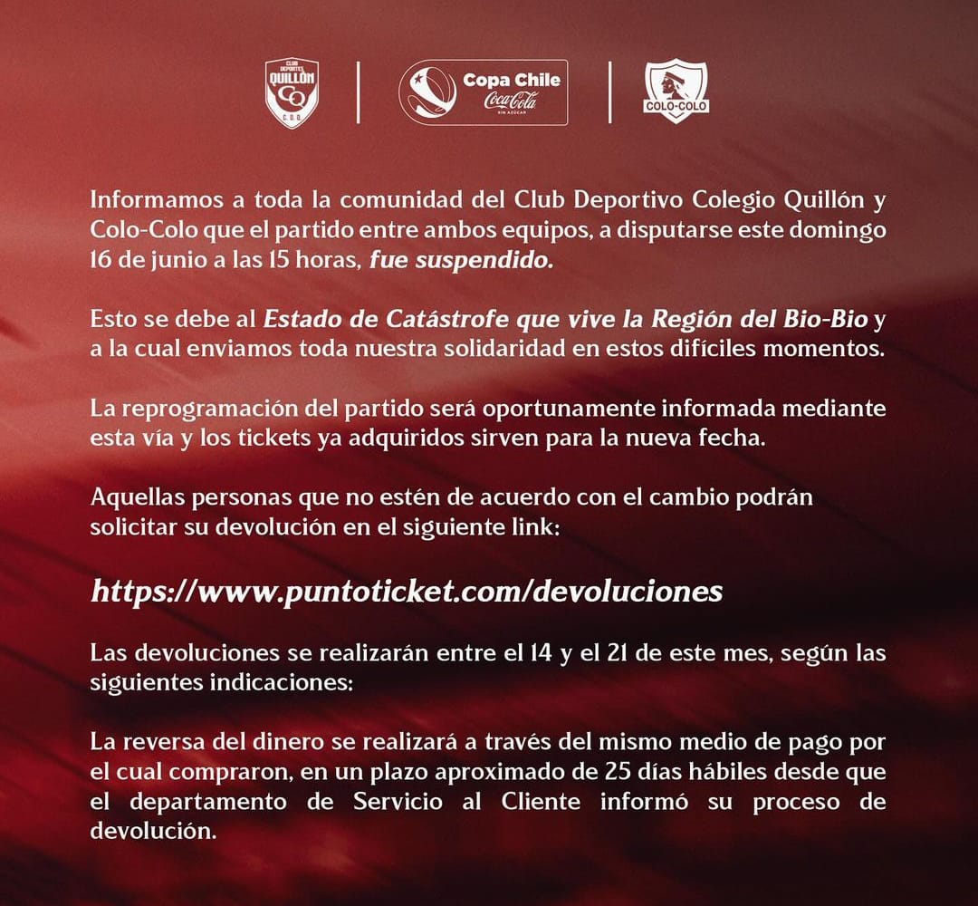 Comunicado Club Deportes Quillón anunciando suspensión del partido ante Colo-Colo