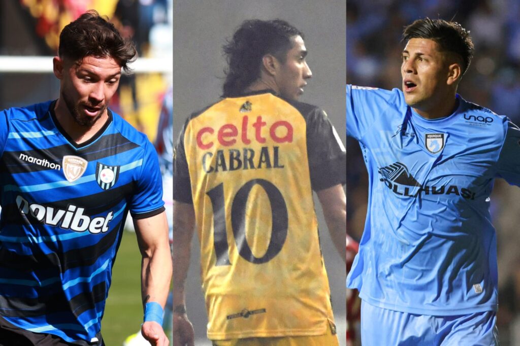 Felipe Loyola, Luciano Cabral y Steffan Pino con camisetas de Huachipato, Coquimbo Unido y Deportes Iquique.