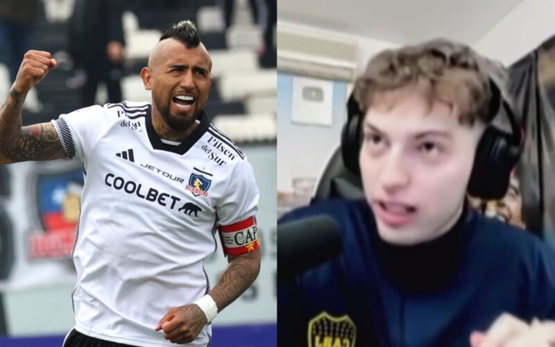 Arturo Vidal con camiseta de Colo-Colo y Davo Xeneize grabando stream