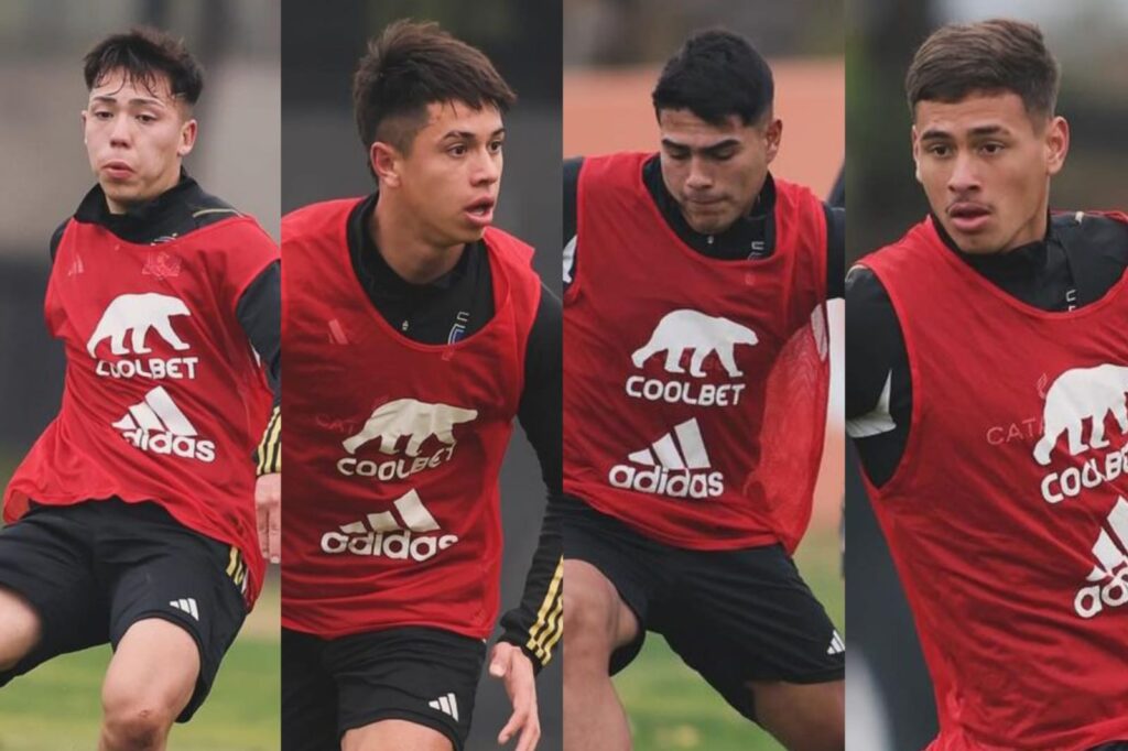 Leonardo Hernández, Miguel Toledo, Santiago Bravo y José Durán entrenando con el primer equipo de Colo-Colo.