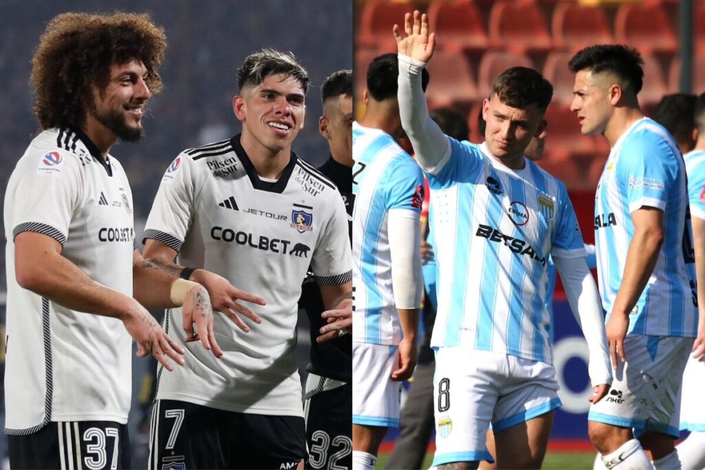 Jugadores de Colo-Colo sonriendo y jugador de Magallanes saludando con el brazo extendido.