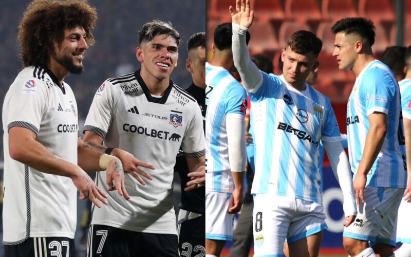 Jugadores de Colo-Colo sonriendo y jugador de Magallanes saludando con el brazo extendido.