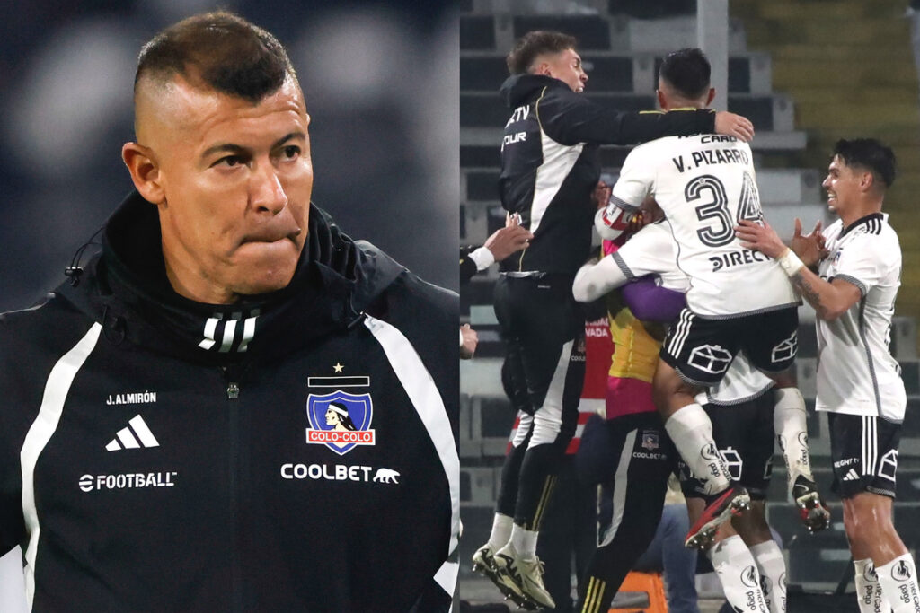 Primer plano de Jorge Almirón. Jugadores de Colo-Colo abrazados celebrando un gol.