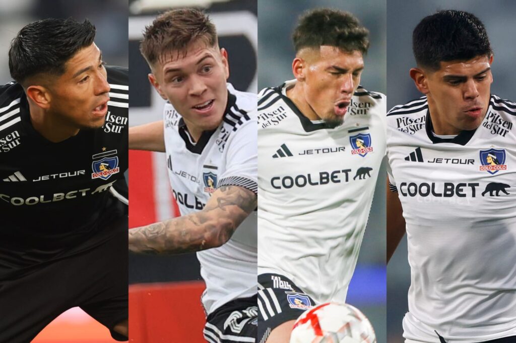 Brayan Cortés, Lucas Soto, Alan Saldivia y Esteban Pavez con camiseta de Colo-Colo.