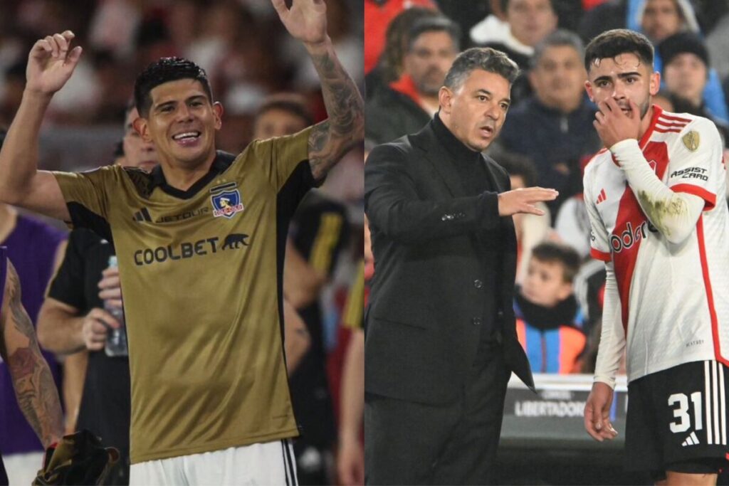 Esteban Pavez con camiseta de Colo-Colo y los brazos en el aire. Marcelo Gallardo entregando instrucciones a jugador de River Plate.