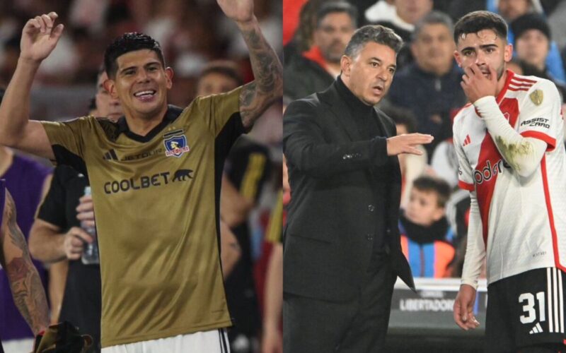 Esteban Pavez con camiseta de Colo-Colo y los brazos en el aire. Marcelo Gallardo entregando instrucciones a jugador de River Plate.