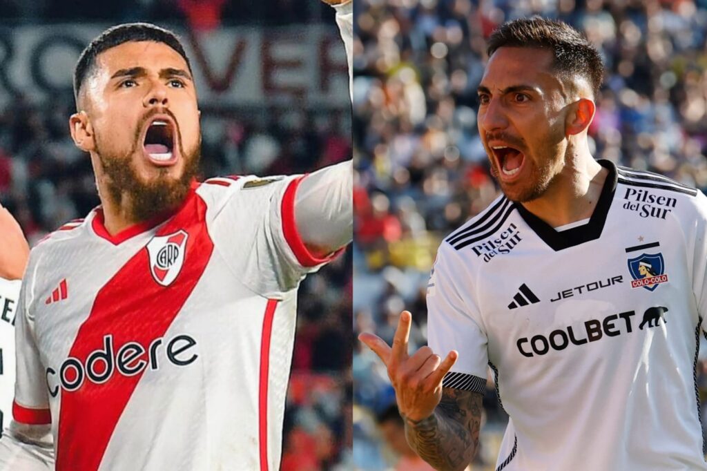 Paulo Díaz y Javier Correa celebrando goles con la camiseta de River Plate y Colo-Colo.