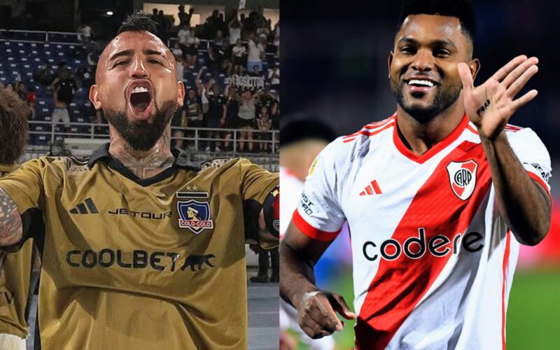 Primer plano a Arturo Vidal y Miguel Borja con camisetas de Colo-Colo y River Plate.