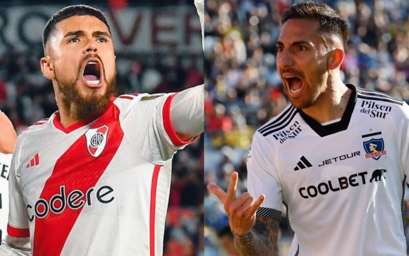 Paulo Díaz y Javier Correa celebrando goles con la camiseta de River Plate y Colo-Colo.