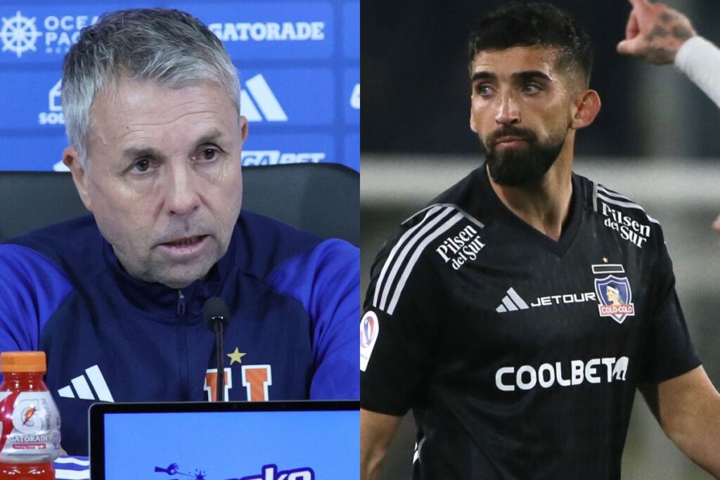 El técnico de Universidad de Chile, Gustavo Álvarez y el jugador de Colo-Colo, Emiliano Amor.