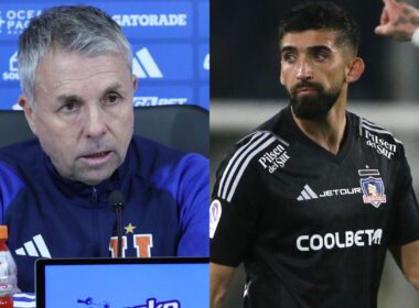 El técnico de Universidad de Chile, Gustavo Álvarez y el jugador de Colo-Colo, Emiliano Amor.