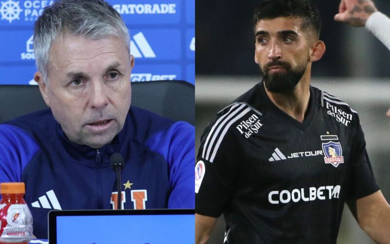 El técnico de Universidad de Chile, Gustavo Álvarez y el jugador de Colo-Colo, Emiliano Amor.