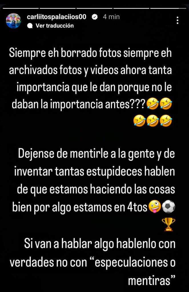 Historia de Carlos Palacios en Instagram aclarando la razón para borrar sus fotos de Instagram.