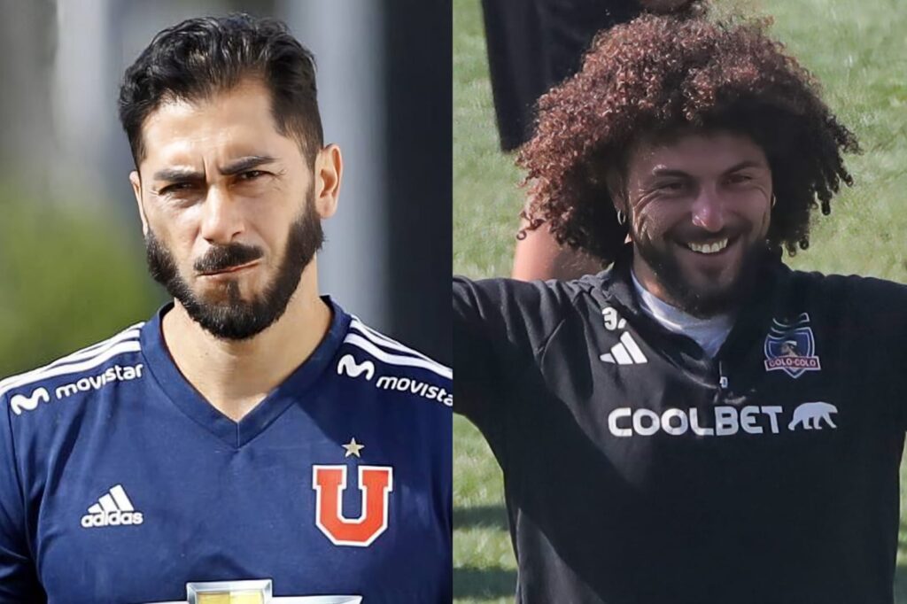 Primer plano a Johnny Herrera y Maximiliano Falcón con camiseta de Universidad de Chile y Colo-Colo.