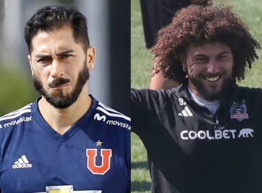 Primer plano a Johnny Herrera y Maximiliano Falcón con camiseta de Universidad de Chile y Colo-Colo.