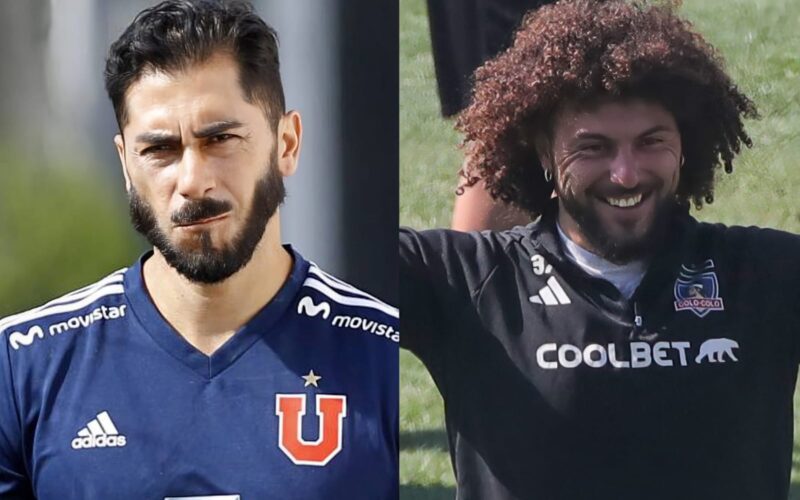 Primer plano a Johnny Herrera y Maximiliano Falcón con camiseta de Universidad de Chile y Colo-Colo.