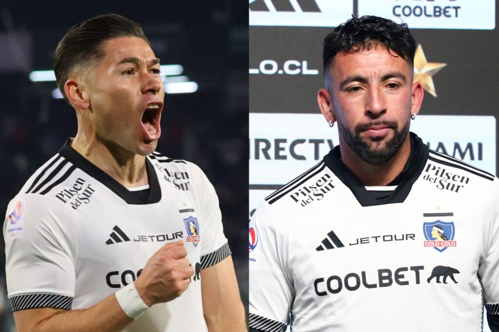 Primer plano a Mauricio Isla y Óscar Opazo con camiseta de Colo-Colo.