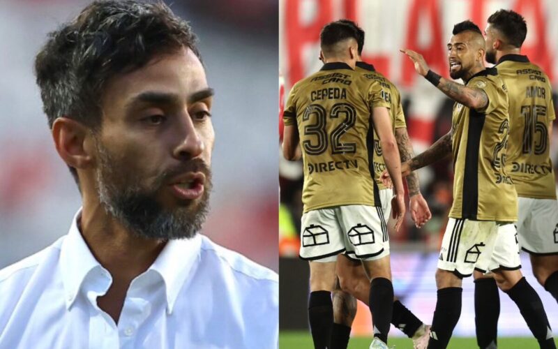 Primer plano de Jorge Valdivia. Jugadores de Colo-Colo conversando en la cancha.