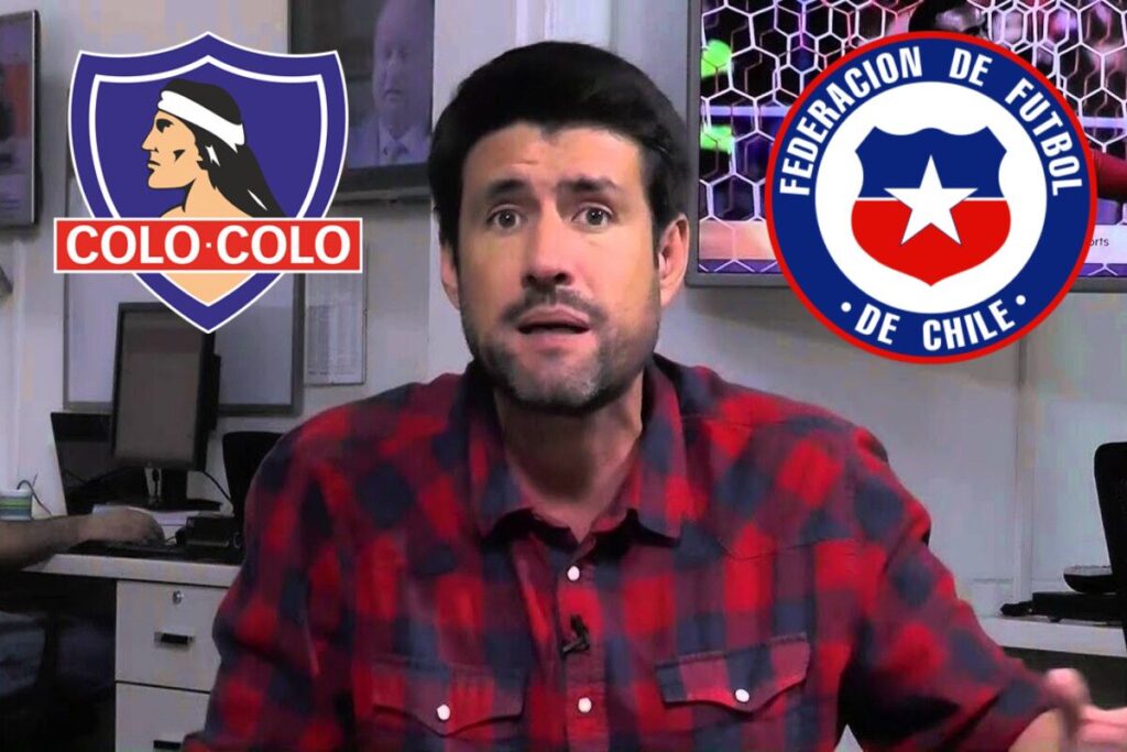 Francisco Eguiluz junto a los escudos de Colo-Colo y la Federación de Fútbol de Chile.