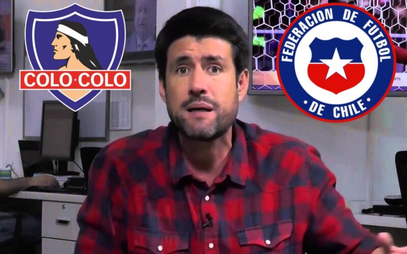 Francisco Eguiluz junto a los escudos de Colo-Colo y la Federación de Fútbol de Chile.