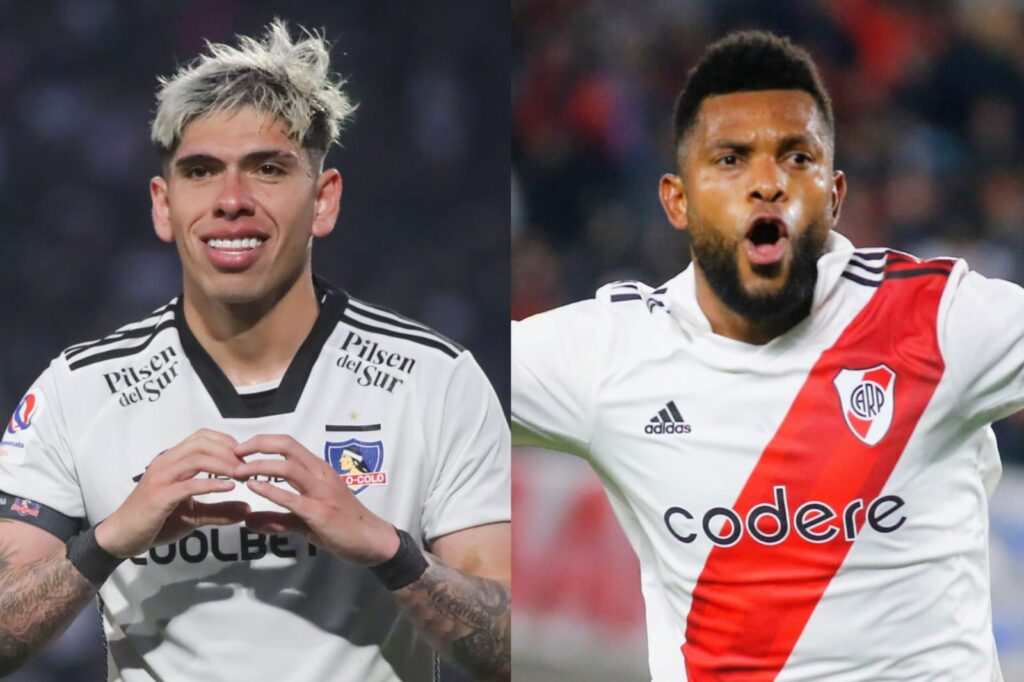 Carlos Palacios y Miguel Borja celebrando un gol con las camisetas de Colo-Colo y River Plate