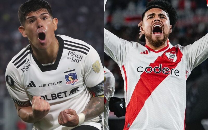 Esteban Pavez y Paulo Díaz celebrando un gol con la camiseta de Colo-Colo y River Plate, respectivamente.