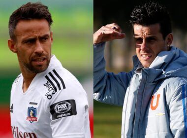 Jorge Valdivia y Diego Rivarola con indumentaria de Colo-Colo y Universidad de Chile.