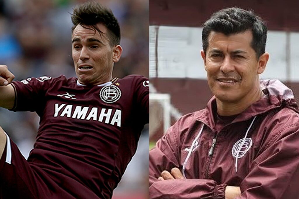 Pablo Mouche y Jorge Almirón con la camiseta de Lanús.