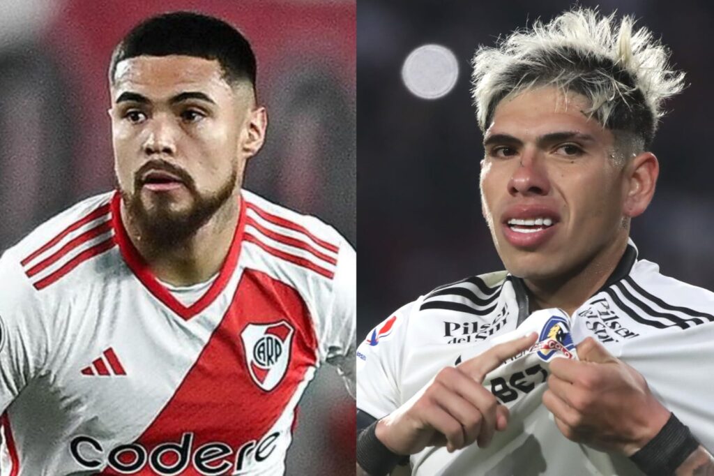 Primer plano a los rostros de Paulo Díaz y Carlos Palacios con camiseta de River Plate y Colo-Colo