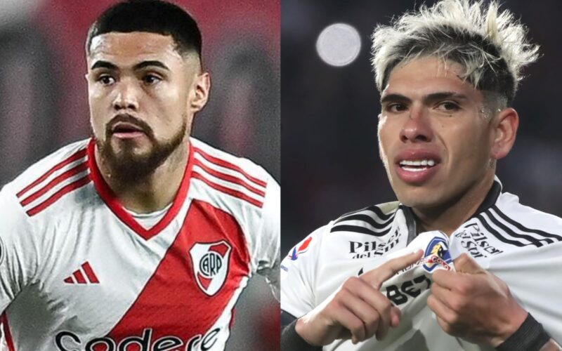 Primer plano a los rostros de Paulo Díaz y Carlos Palacios con camiseta de River Plate y Colo-Colo