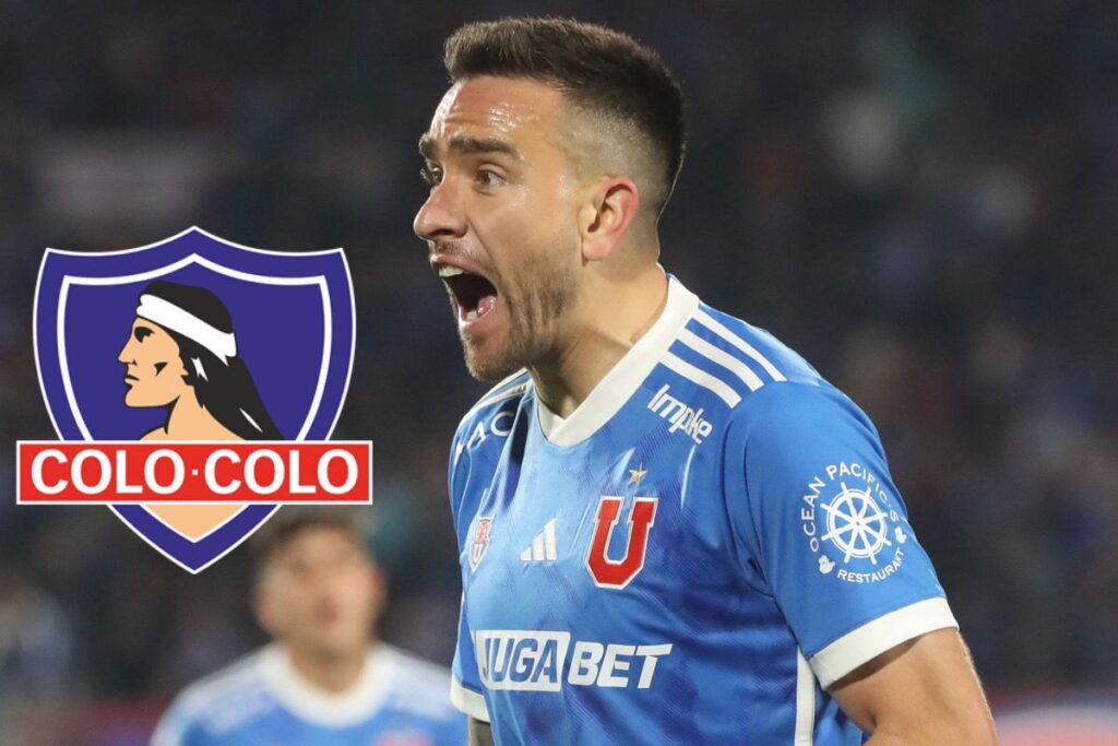 Primer plano de Matías Zaldivia con la camiseta de la U junto al escudo de Colo-Colo.