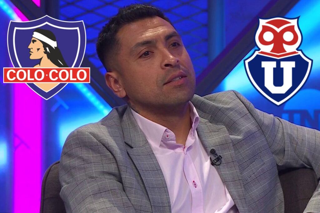 Primer plano de Gonzalo Jara junto a los escudos de Colo-Colo y Universidad de Chile.