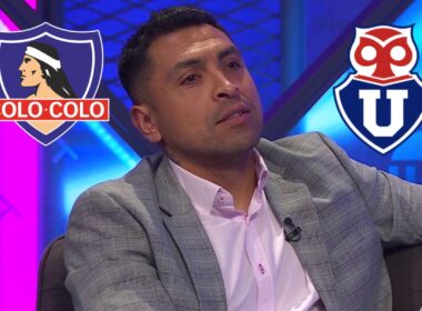 Primer plano de Gonzalo Jara junto a los escudos de Colo-Colo y Universidad de Chile.