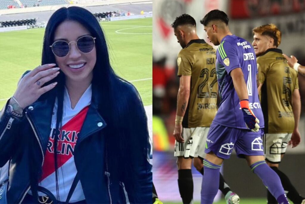 Primer plano de Fernanda Arenas, esposa de Paulo Díaz. Jugadores de Colo-Colo cabizbajos.