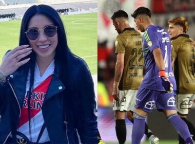 Primer plano de Fernanda Arenas, esposa de Paulo Díaz. Jugadores de Colo-Colo cabizbajos.