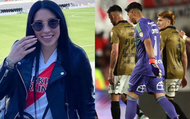 Primer plano de Fernanda Arenas, esposa de Paulo Díaz. Jugadores de Colo-Colo cabizbajos.