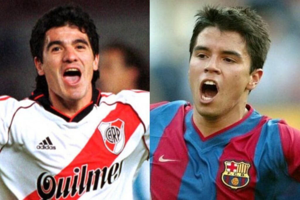 Primer plano a Ariel Ortega y Javier Saviola con camisetas de River Plate y Barcelona.