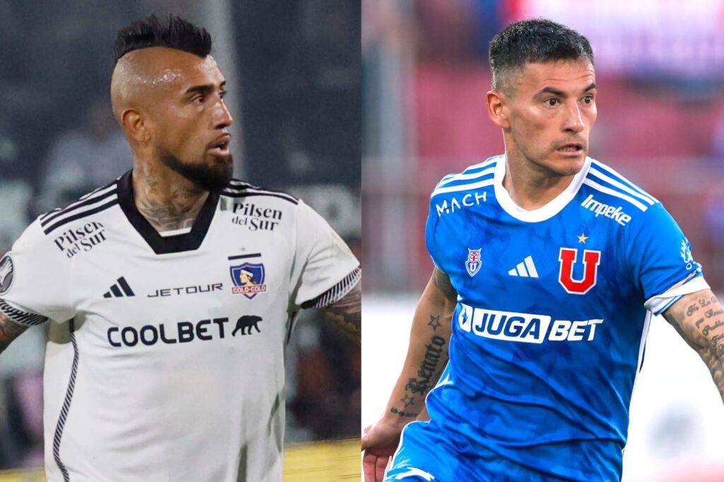 Arturo Vidal y Charles Aránguiz con camisetas de Colo-Colo y Universidad de Chile.