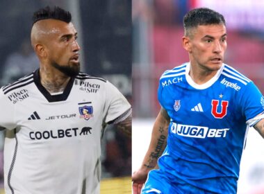 Arturo Vidal y Charles Aránguiz con camisetas de Colo-Colo y Universidad de Chile.