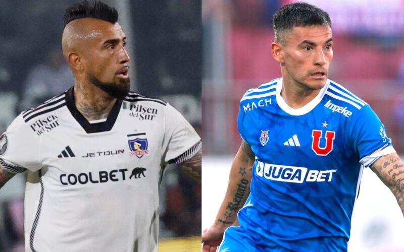 Arturo Vidal y Charles Aránguiz con camisetas de Colo-Colo y Universidad de Chile.