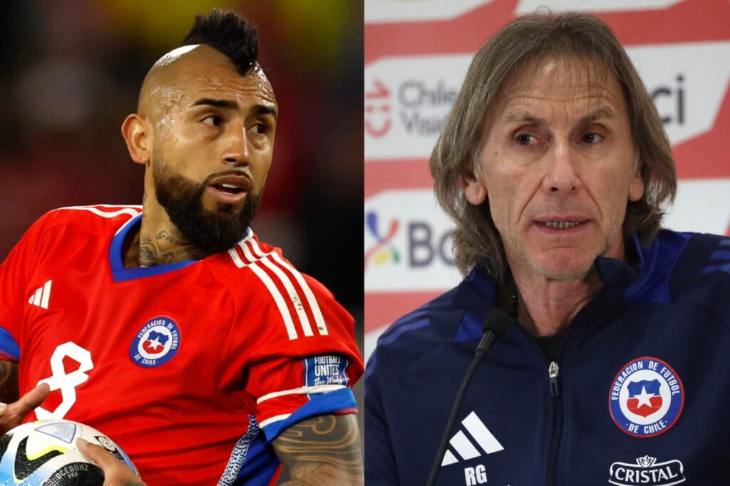 Primer plano a Arturo Vidal y Ricardo Gareca con indumentaria de la Selección Chilena.