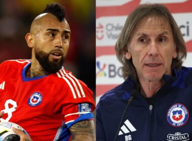 Primer plano a Arturo Vidal y Ricardo Gareca con indumentaria de la Selección Chilena.