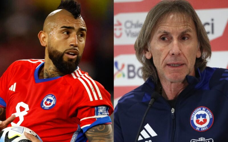 Primer plano a Arturo Vidal y Ricardo Gareca con indumentaria de la Selección Chilena.