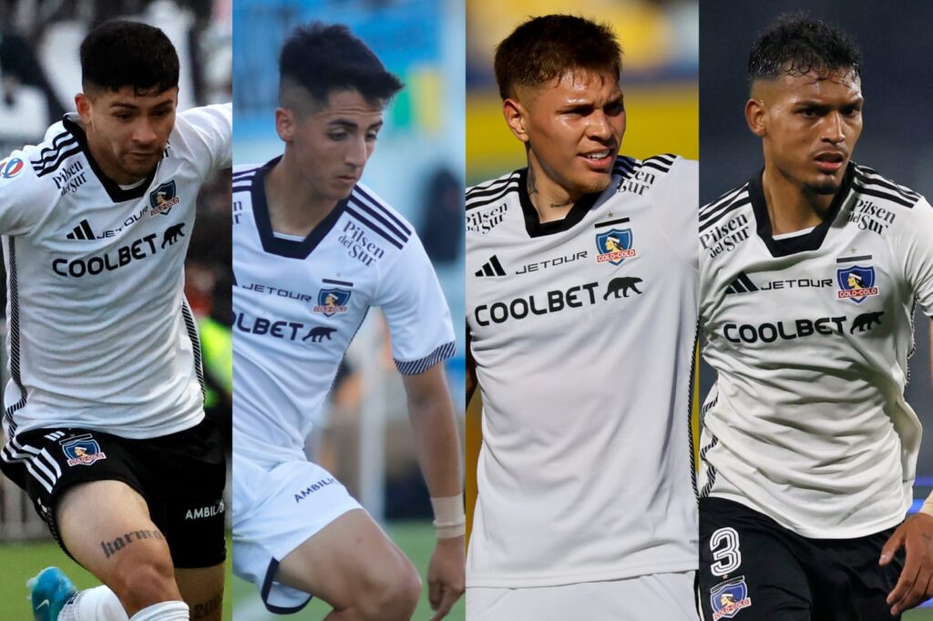 Cristián Riquelme, Diego Plaza, Lucas Soto y Daniel Gutiérrez con la camiseta de Colo-Colo.