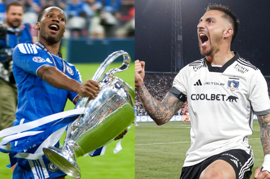 Didier Drogba y Javier Correa celebrando con la camiseta de Chelsea y Colo-Colo, respectivamente.