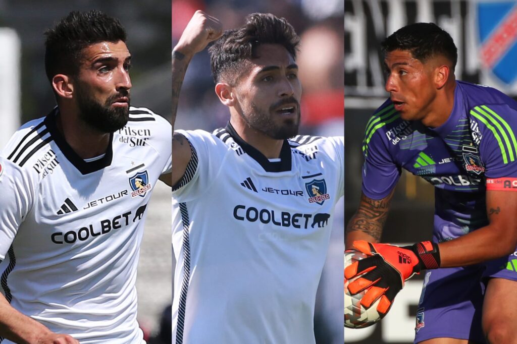 Primer plano a Emiliano Amor, Marcos Bolados y Brayan Cortés con camiseta de Colo-Colo.